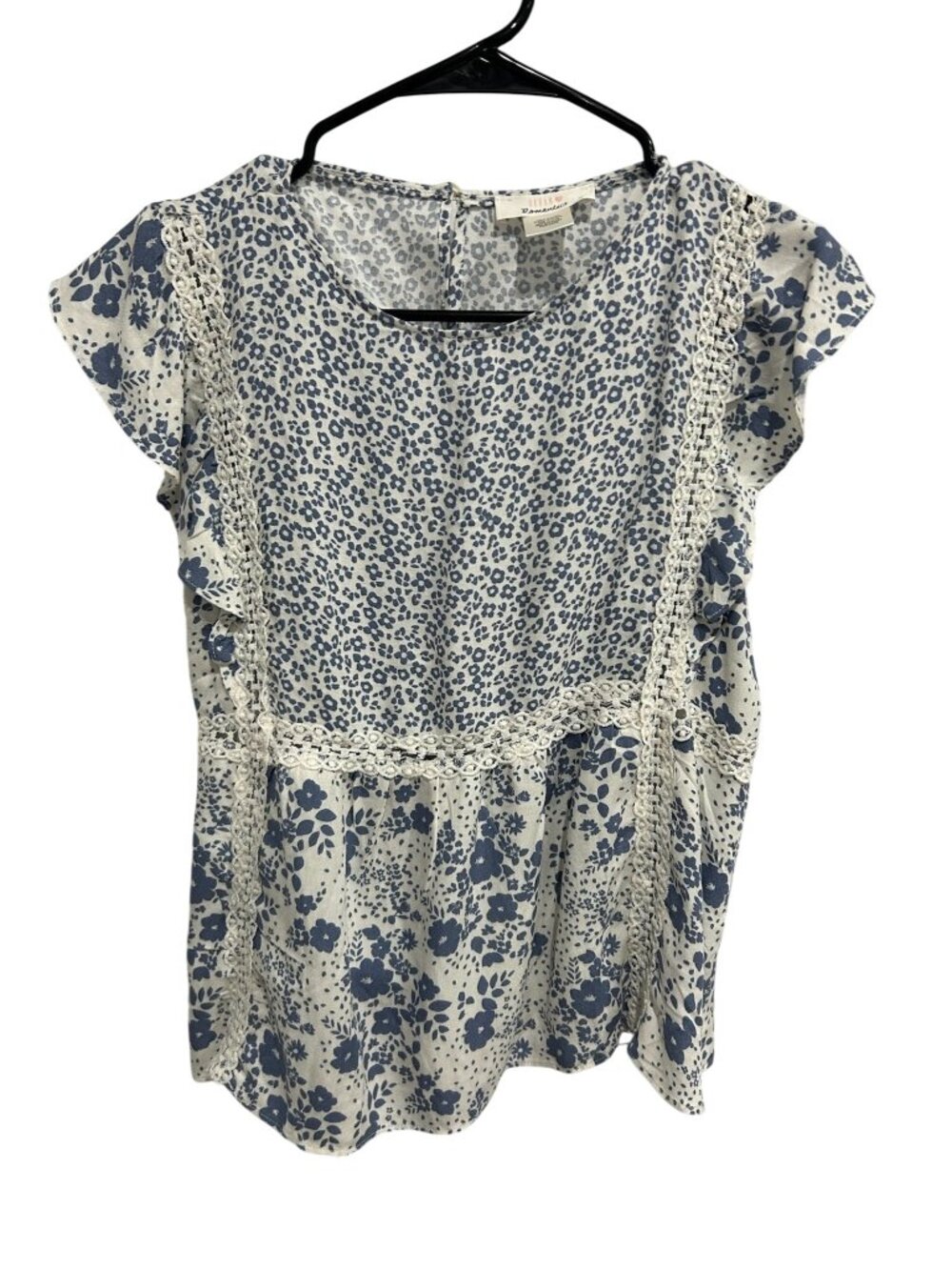 Urban Romantics Blue White Floral Short Sleeve Blouse Crochet Size M Boho Chic